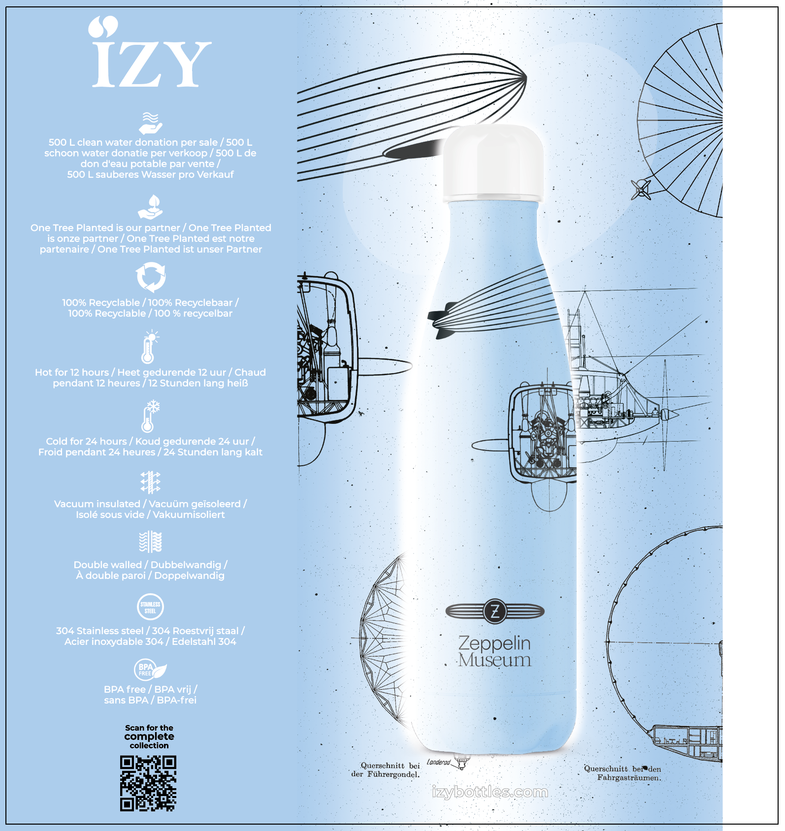 Hellblaue Thermoflasche mit weißem Deckel und schwarzen Zeppelin-Motiven